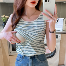 批发实拍 哺乳纯棉T恤<b class='q'>夏</b>季产后辣妈百搭条纹亲肤背心无袖月子上衣