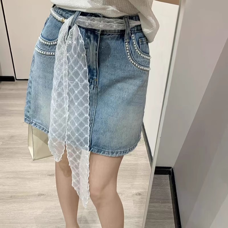 MY7611# 蕾丝飘带牛仔半身裙女夏季新款钉珠烫钻高腰修身休闲包臂短裙女...
