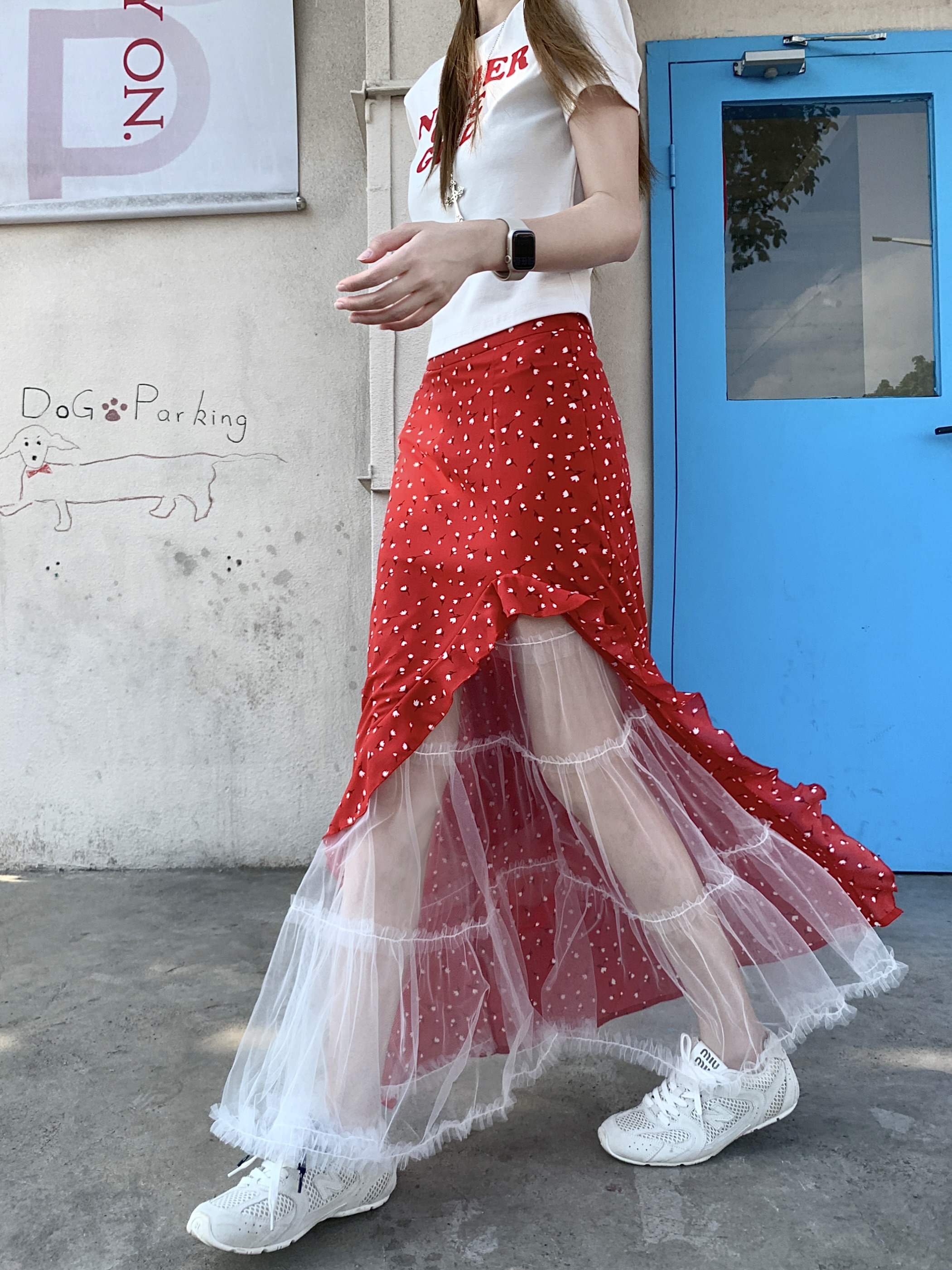 FA30860# 夏季高腰显瘦假两件半身裙碎花网纱拼接中长裙女包臀裙 服裝批發女裝批發服飾貨源