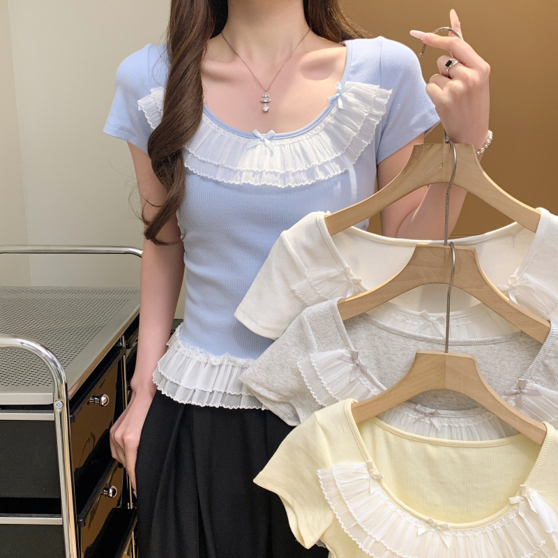 FA21273# 蕾丝拼接蝴蝶结圆领t恤女夏季新款减龄收腰短款小上衣服裝批發女裝批發服飾貨源