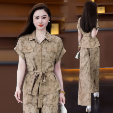 批发官图  时尚套装女2026夏季<b class='q'>新款</b>小个子印花短袖衬衣阔腿裤两件套潮
