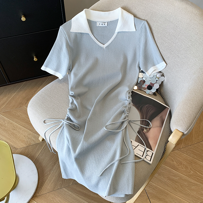 夏季新款韩版甜辣妹polo领修身抽绳连衣裙针织裙子 服裝批發女裝批發服飾貨源