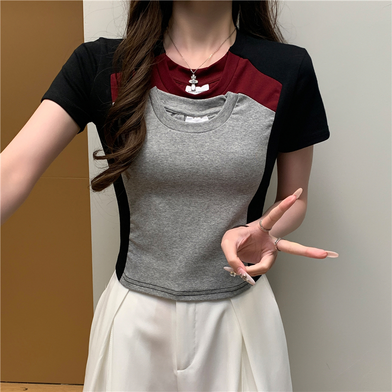 FA21276# 欧美潮流时尚新款设计感个性撞色短款修身短袖T恤女上衣服裝批發女裝批發服飾貨源