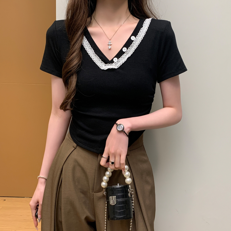 FA21278# 韩系超好看蕾丝V领短袖t恤女夏季新款辣妹修身上衣服裝批發女裝批發服飾貨源
