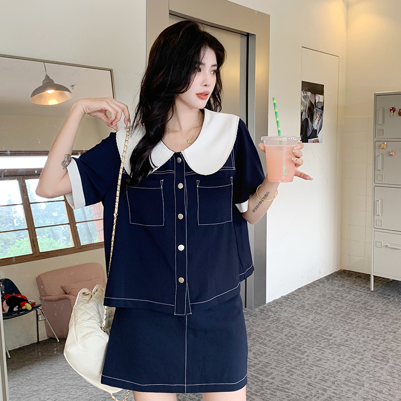 FA26081# 大码蕾丝花边短袖上衣半身裙套装女夏季胖mm显瘦遮肉两件套 服裝批發女裝批發服飾貨源