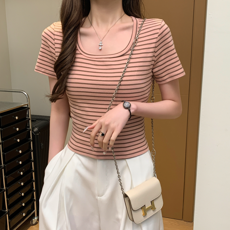 MY7364# 条纹短袖T恤女夏新款撞色修身显瘦短款正肩方领体恤上衣女裝貨源服裝批發