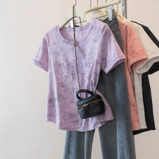 实价实拍大码女装2025夏新款重工3D立体刺绣珠片短袖T恤上衣