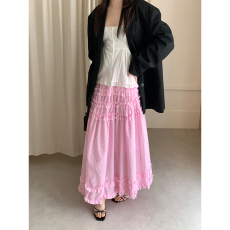 实价不减实拍法式甜美花边拼接格子半身裙女早春大裙摆蛋糕长裙子