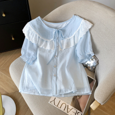 实拍 夏新款法式娃娃领蕾丝拼接气质感衬衫别致宽松百搭上衣女