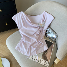 批发实拍 法式浪漫氛围感立体蝴蝶结系带T恤女收腰小衫无袖上衣