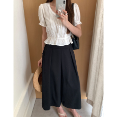 批发有货 实拍 韩系优雅褶皱高腰大摆宽松阔腿裤百搭松紧腰九分裤夏