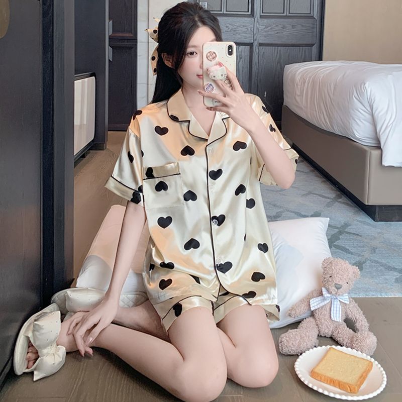 FA20854# 夏季新款气质简约甜美桃心短袖短裤家居服仿真丝睡衣套装 服裝批發女裝批發服飾貨源