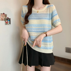 批发实拍<b class='q'>大码</b><b class='q'>女装</b>胖MM夏季时尚条纹针织衫短袖洋气百搭冰丝T恤上衣