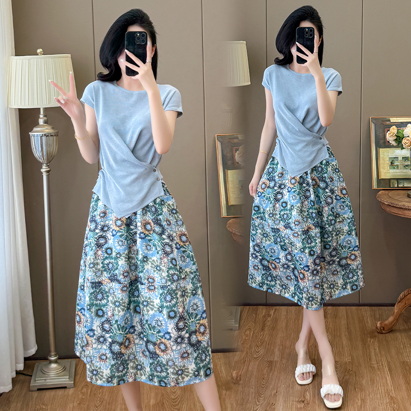 MY6797# 时尚设计感收腰显瘦百搭上衣＋减龄碎花半身裙两件套女夏季穿搭...