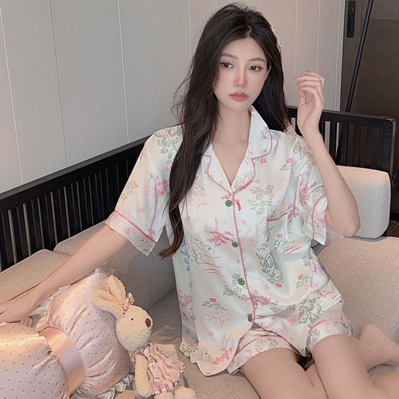 FA20855# 夏季新款ins高级感绿野仙踪短袖短裤家居服仿真丝睡衣套装 服裝批發女裝批發服飾貨源