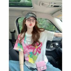 批发220克纯棉2026新款夏季渐变涂鸦花朵减龄美式设计感<b class='q'>短袖</b><b class='q'>t</b><b class='q'>恤</b>女