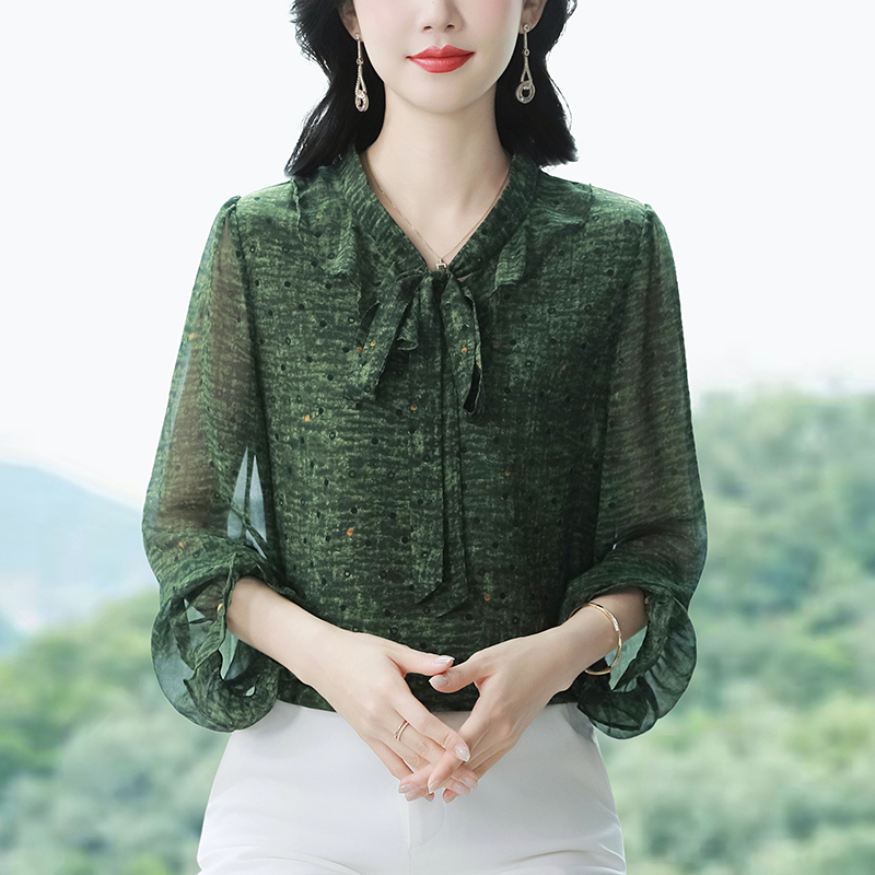 실사 2026 봄 여름 새로운 9부 소매 미니멀리즘 라운드 넥 출퇴근 초록 여성 셔츠