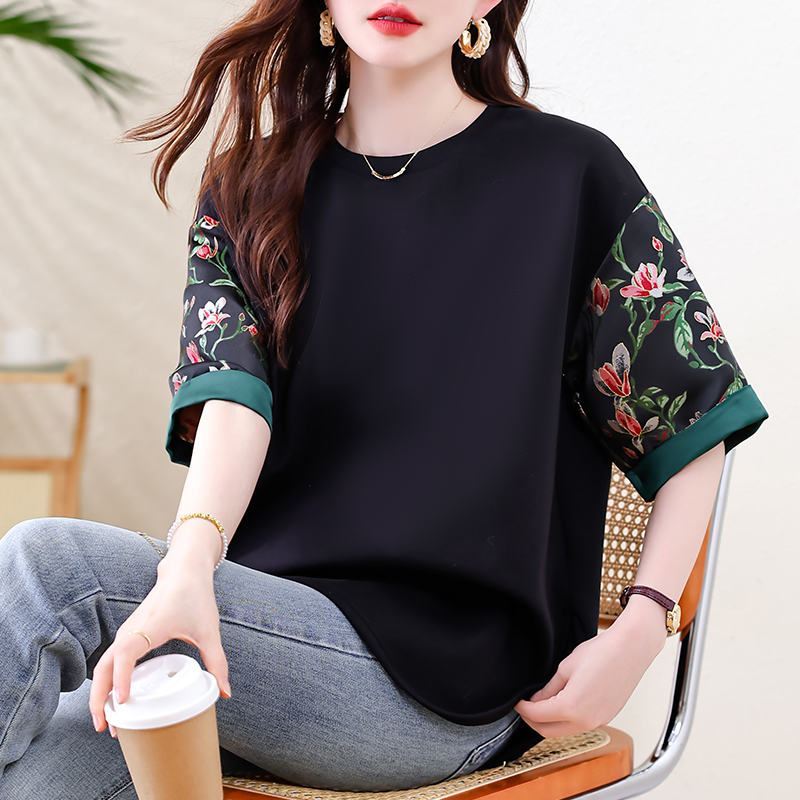 RY3460# 实拍 圆领提花拼接短袖T恤大码女装2026夏季简约宽松百搭...