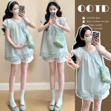 批发实拍现~ <b class='q'>孕妇</b><b class='q'>夏新</b>款百搭圆领木耳边拼接短袖小飞袖<b class='q'>衬衫</b> 托腹短裤