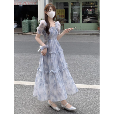 批发2025夏季新款<b class='q'>大码</b><b class='q'>女装</b>温柔风法式<b class='q'>超</b>仙甜美收腰显瘦碎花连衣裙子