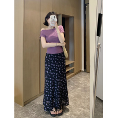 批发实拍实价~大码一字肩修身显瘦褶皱短袖T恤高腰碎花半身裙时尚套装