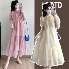 批发实拍2026新款<b class='q'>孕妇装</b>夏季新款<b class='q'>时尚</b>简约风蝴蝶结系带泡泡袖连衣裙