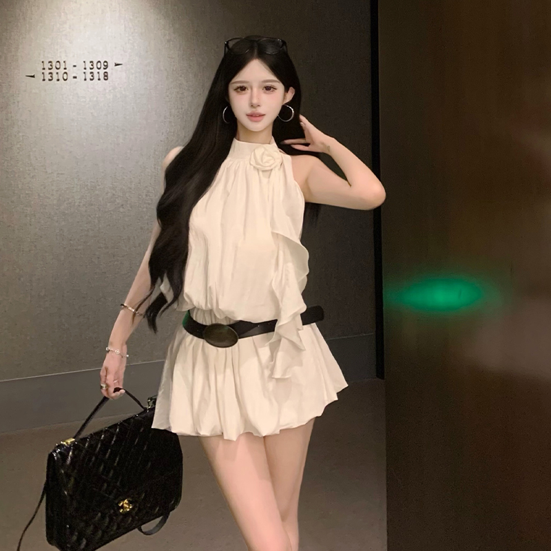 MY9169# 白色挂脖连衣裙女辣妹设计感法式飘带无袖收腰A字短裙小众女裝貨源服裝批發