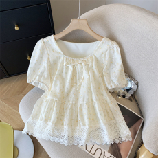 批发实拍◆ 2026夏季新款碎显瘦百搭韩版蕾丝边泡泡袖短袖<b class='q'>上衣</b>女