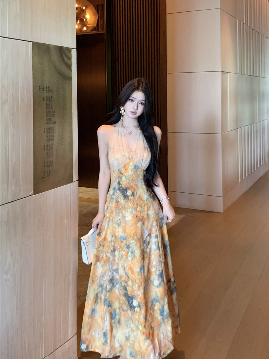 FA24786# 复古性感油画网纱拼接收腰显瘦挂脖连衣裙长裙女 服裝批發女裝批發服飾貨源