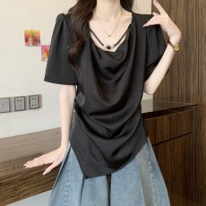 批发法式荡领正肩串珠短袖衬衫女2026春夏大码胖mm漂亮<b class='q'>小衫</b>不规则上衣