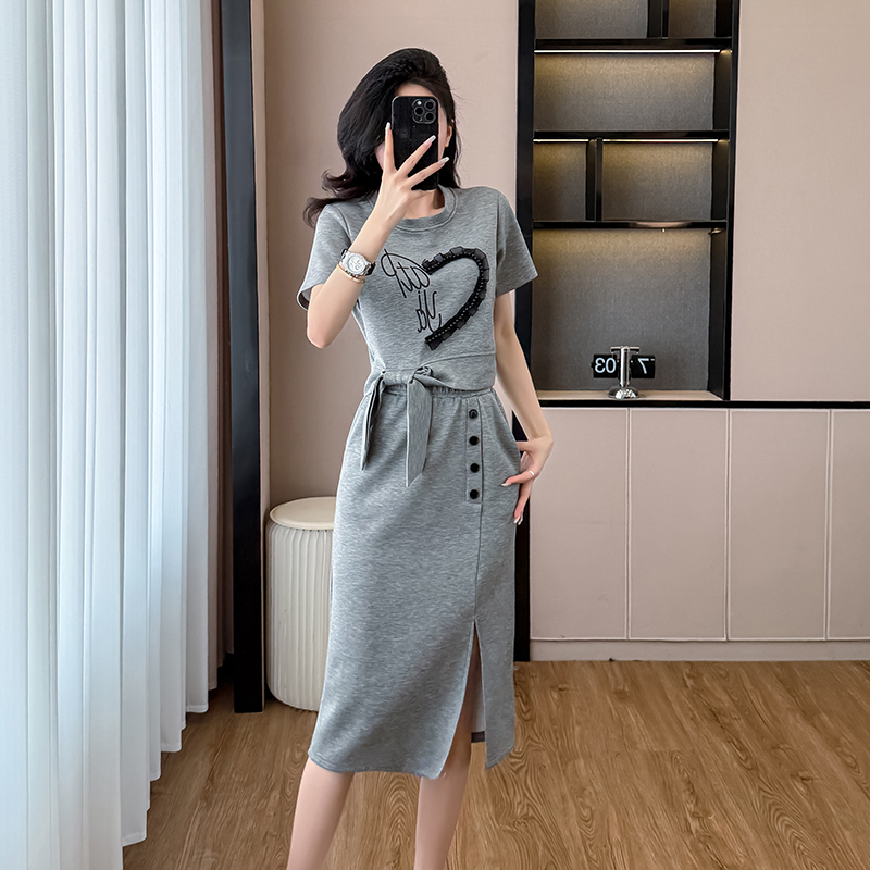 RY2957# 欧货气质休闲运动套裙女夏季设计感修身洋气短袖上衣半身裙两件...