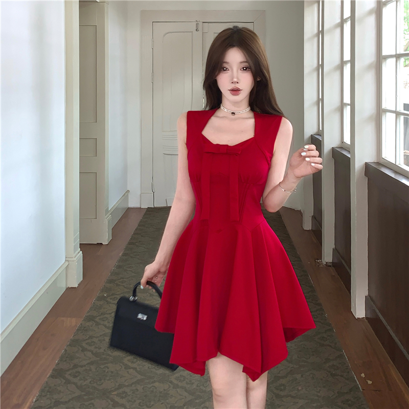 MY7942# 贝微微玫瑰人生高腰公主裙法式蝴蝶结千金风收腰无袖连衣裙女裝...