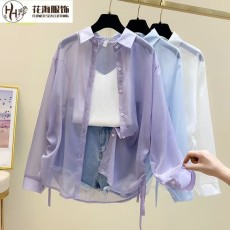 批发已出货  抽绳长袖衬衫超仙防晒衣服女新款夏天薄款珠光雪纺开衫