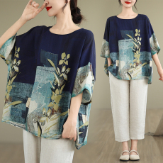 批发<b class='q'>实拍</b>2026夏季新品麻棉民族风蝙蝠袖宽松<b class='q'>大码</b>圆领T恤女