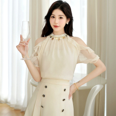 批发法式挂脖小香风露肩雪纺衬衫女2026夏季<b class='q'>新款</b>荷叶边衬衣上衣