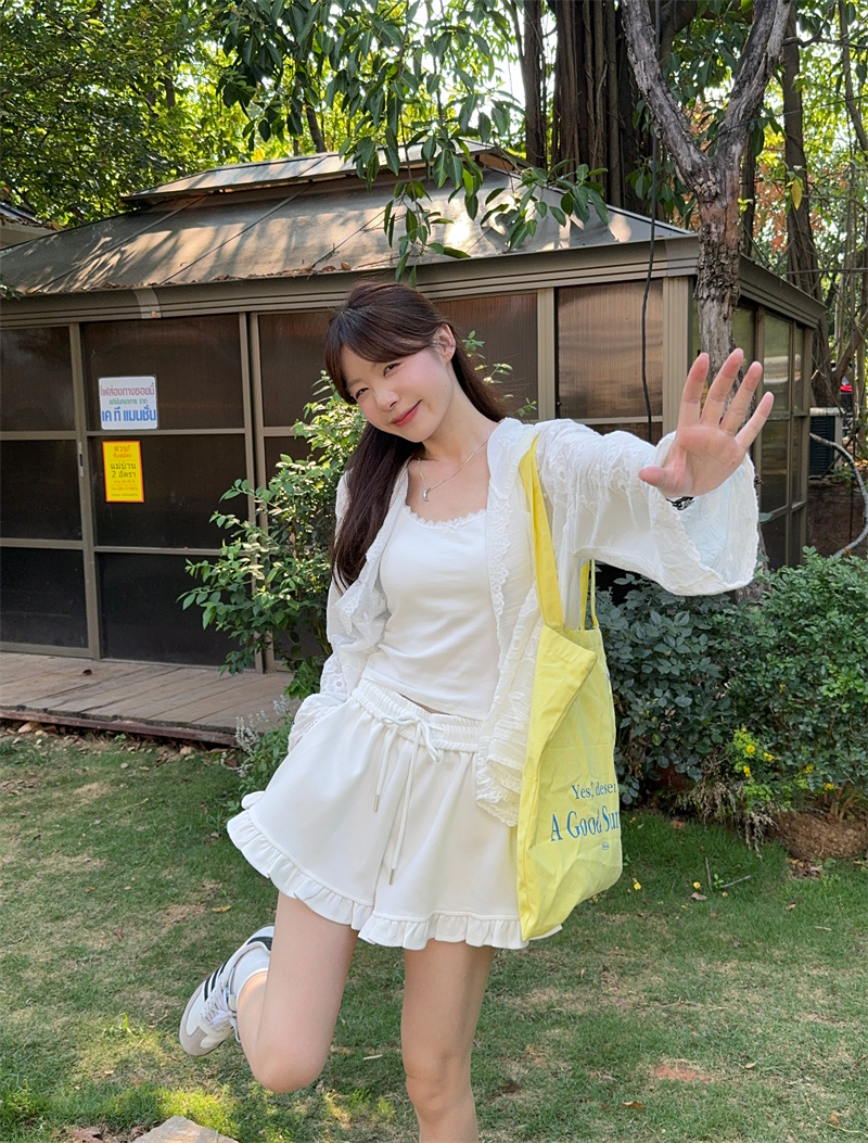 실사 정가 디자인 센스 자수 레이스 후드 쇼트 스타일 자외선 차단 오픈 가디건 인사이드 가져 가라. 캐미솔 반바지 세트