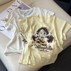 批发2025年夏季新款简约眼镜卷发女孩圆领针织短袖女