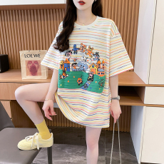 批发| 实拍实价 | 纯棉原版布 | 后包领 | 中长款条纹卡通短袖<b class='q'>T</b><b class='q'>恤</b><b class='q'>女</b>