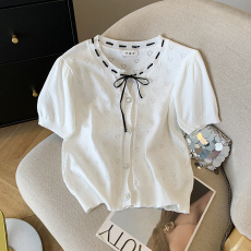 批发实拍 大货 2026夏季新款ins设计感蝴蝶结镂空冰丝<b class='q'>针织衫</b>T恤上衣<b class='q'>女</b>