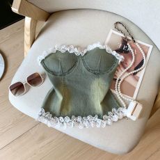 批发实拍 辣妹气质蕾丝拼接花边带胸垫<b class='q'>牛仔</b>抹胸背心气质减龄<b class='q'>上衣</b>