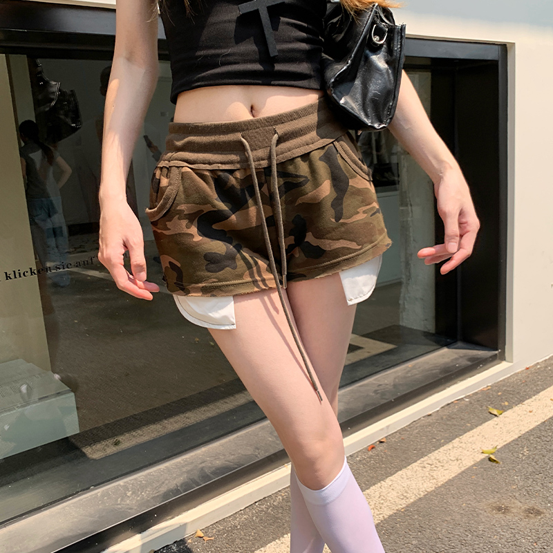 FA20989# 夏季新款美式复古迷彩休闲短裤辣妹性感松紧腰显瘦包臀热裤 服裝批發女裝批發服飾貨源