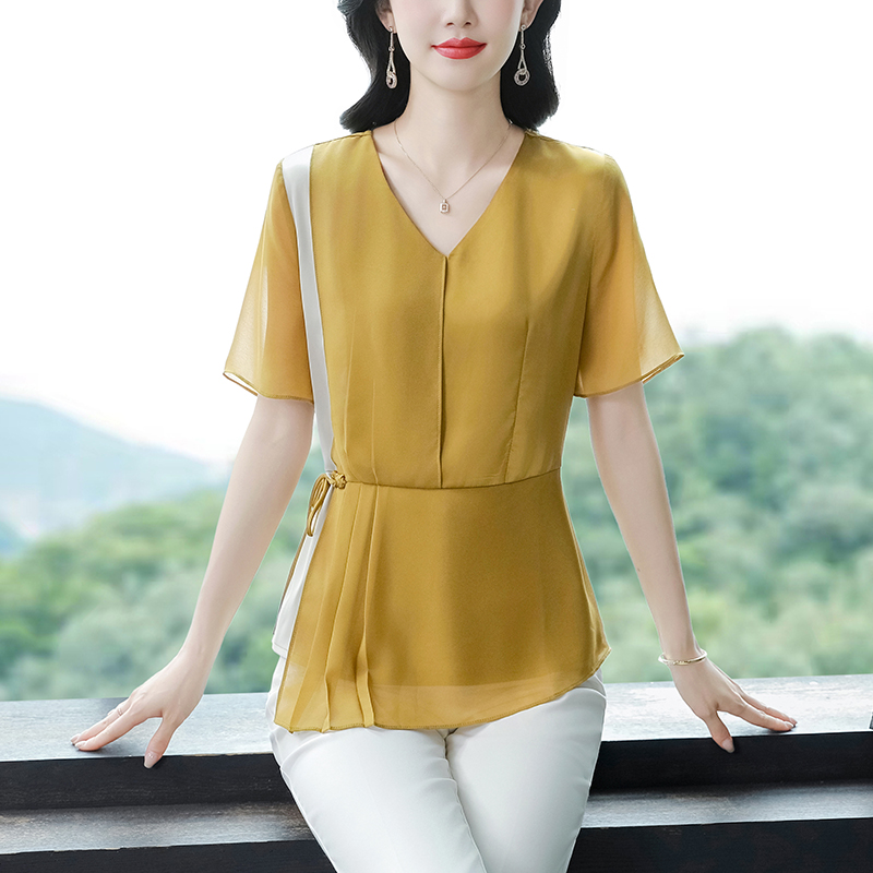 MY7838# 杭州重磅真丝衬衫女短袖撞色飘带设计感妈妈夏装缎面桑蚕丝上衣女裝貨源服裝批發