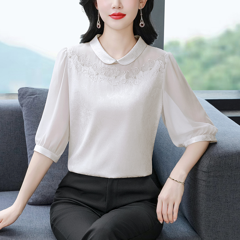 MY7837# 重磅提花桑蚕丝衬衫七分袖真丝上衣女纯色减龄女裝貨源服裝批發