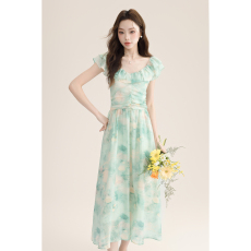 批发实拍时尚气质印花晕染<b class='q'>连衣裙</b>女夏季新款荷叶边褶皱设计感显瘦长裙