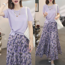 批发雪纺套装长裙女2026年夏季新款气质T恤碎花<b class='q'>半身裙</b>两件套裙子显瘦