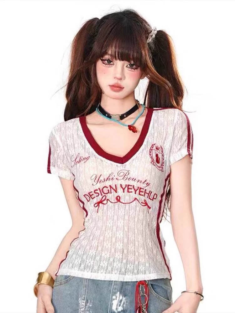 美式学院风V领微透蕾丝刺绣T恤女夏季短袖修身显瘦辣妹百搭上衣潮