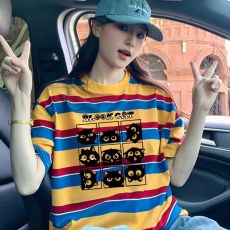 批发95棉/5氨纶，纯棉条纹短袖<b class='q'>t</b><b class='q'>恤</b>女撞色设计感小众潮牌卡通印花上衣
