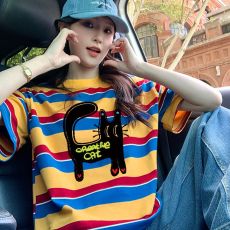 批发220克纯棉橙色条纹<b class='q'>短袖</b><b class='q'>t</b><b class='q'>恤</b>女新款港味复古欧货大版洋气休闲