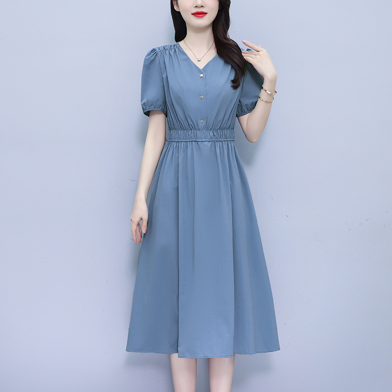 MY9534# 时尚高级感V领短袖连衣裙夏季新款妈妈气质广州十三行裙子女裝貨源服裝批發