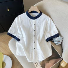 批发实拍◆ 白色泡泡袖衬衫女短袖宽松刺绣圆领洋气小衫上衣<b class='q'>夏</b>